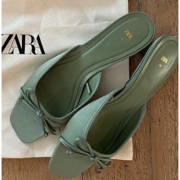 ZARA Open Toe Heels NWT | Green Bow Detail Square Toe - Picture 8 of 16